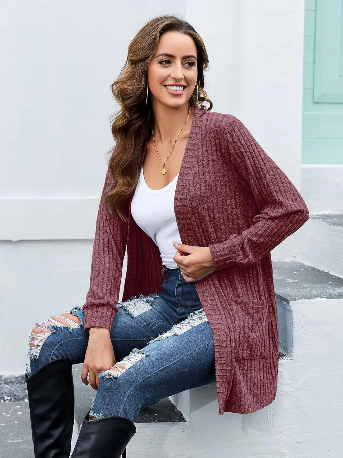 BELAROI Womens Open Front Cardigan Sweaters Casual Lightweight Outerwear Soft Plus Size Long Sleeve Tops with Pockets