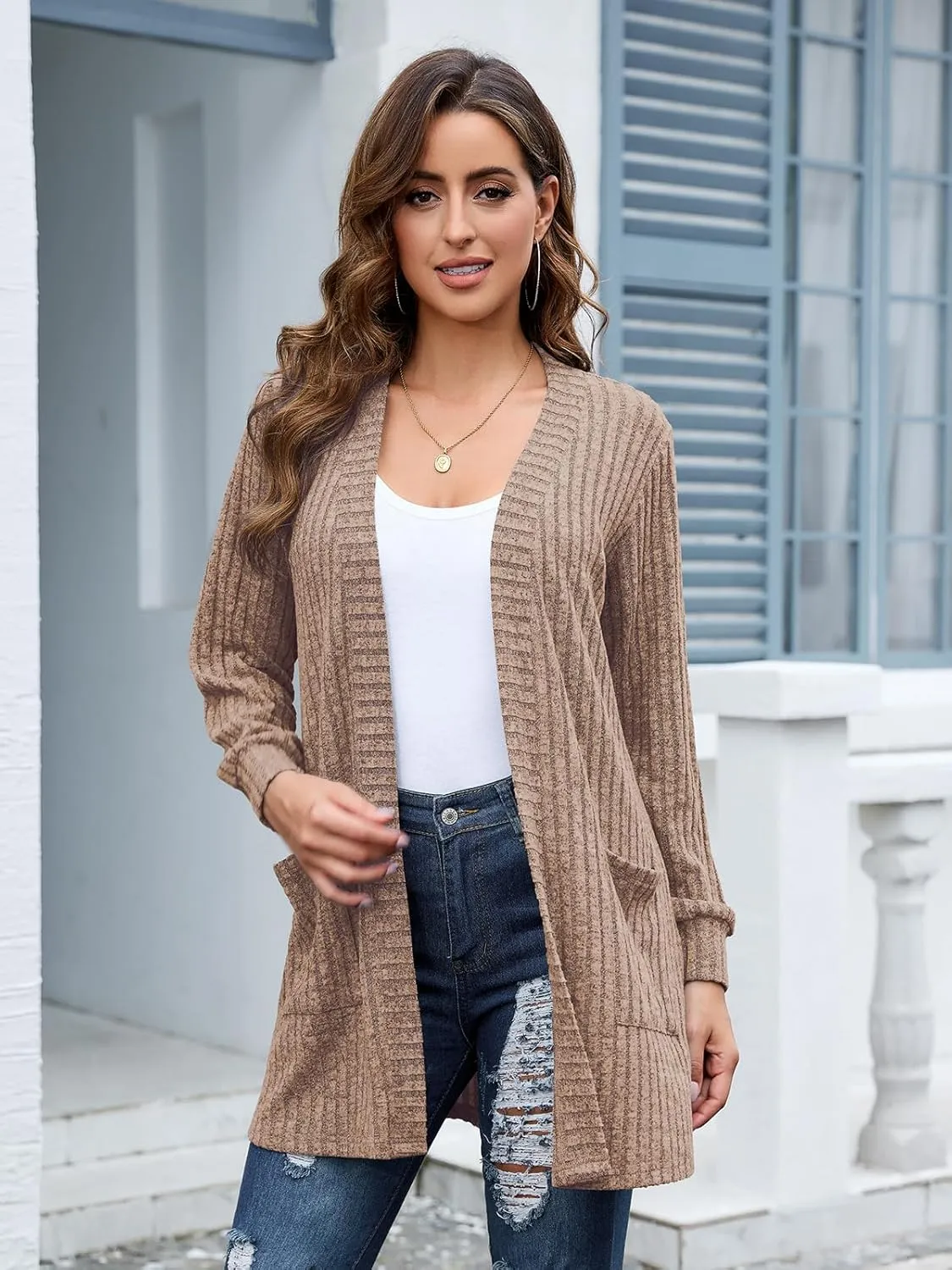 BELAROI Womens Open Front Cardigan Sweaters Casual Lightweight Outerwear Soft Plus Size Long Sleeve Tops with Pockets