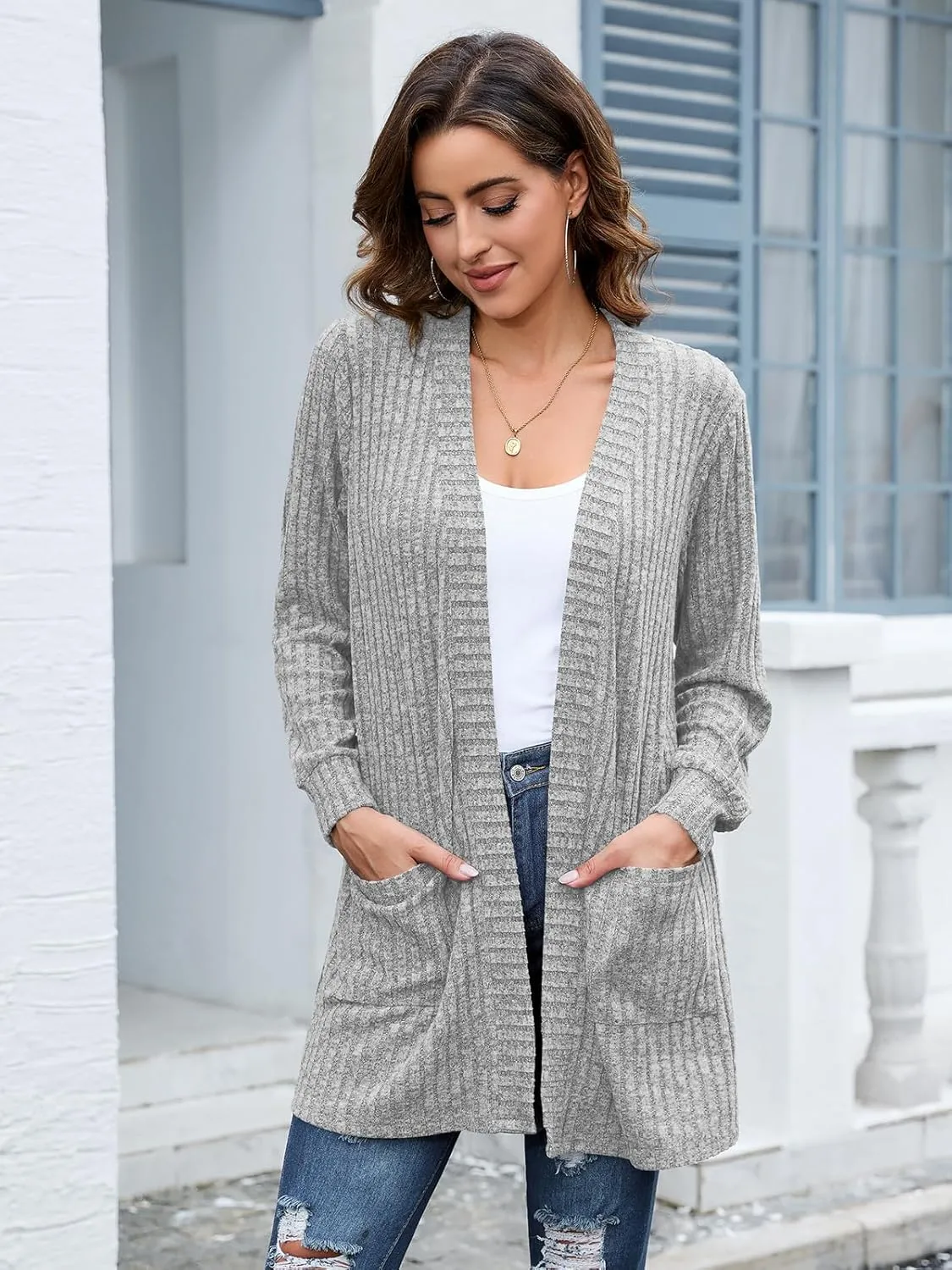 BELAROI Womens Open Front Cardigan Sweaters Casual Lightweight Outerwear Soft Plus Size Long Sleeve Tops with Pockets