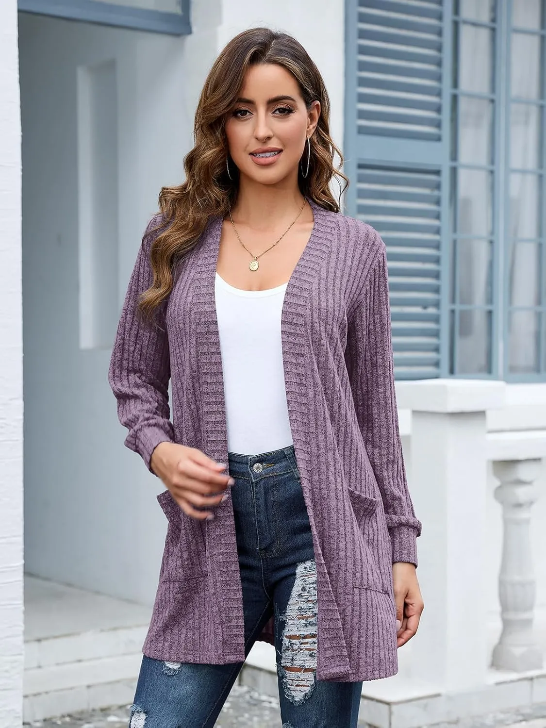 BELAROI Womens Open Front Cardigan Sweaters Casual Lightweight Outerwear Soft Plus Size Long Sleeve Tops with Pockets
