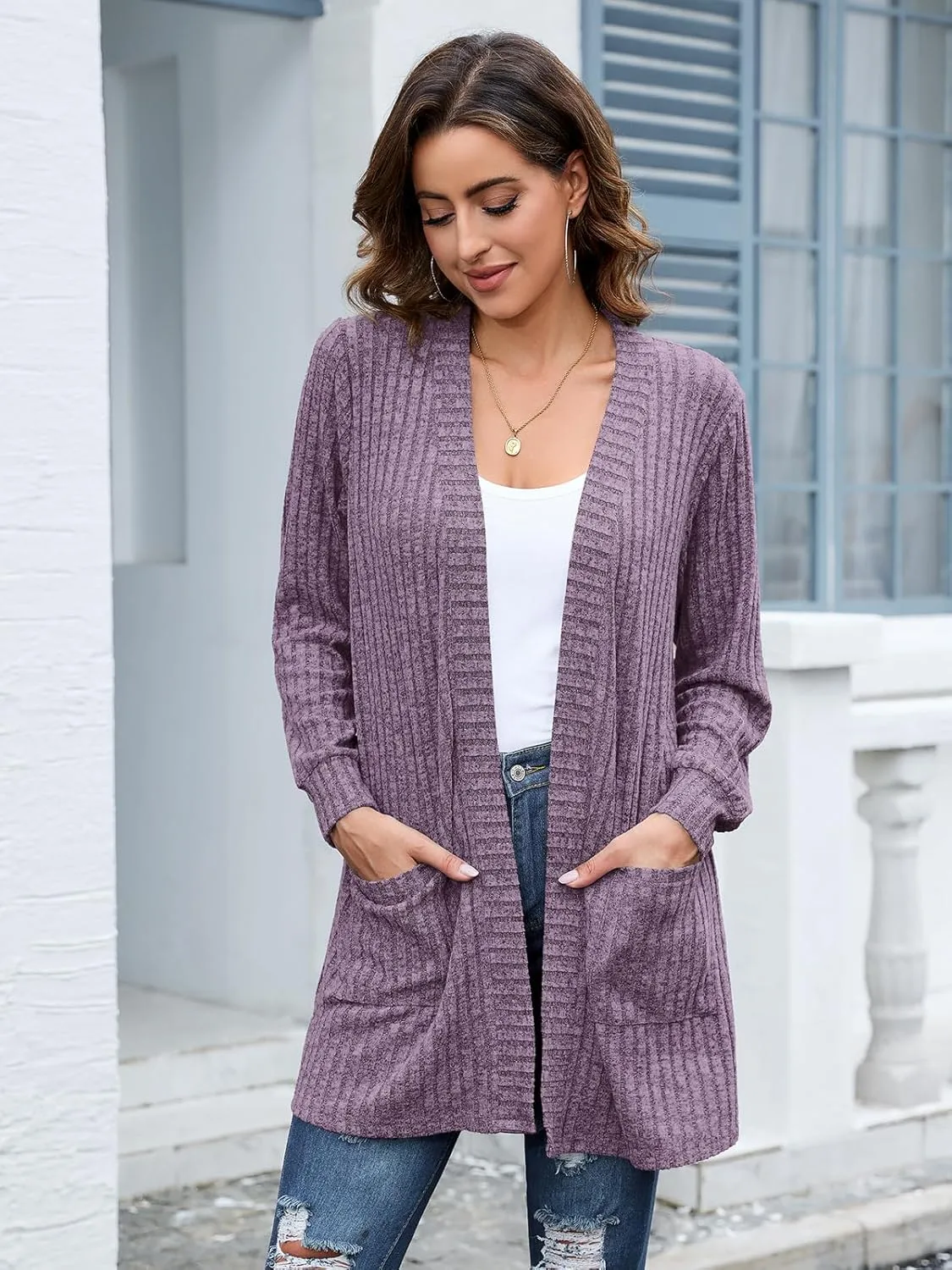 BELAROI Womens Open Front Cardigan Sweaters Casual Lightweight Outerwear Soft Plus Size Long Sleeve Tops with Pockets
