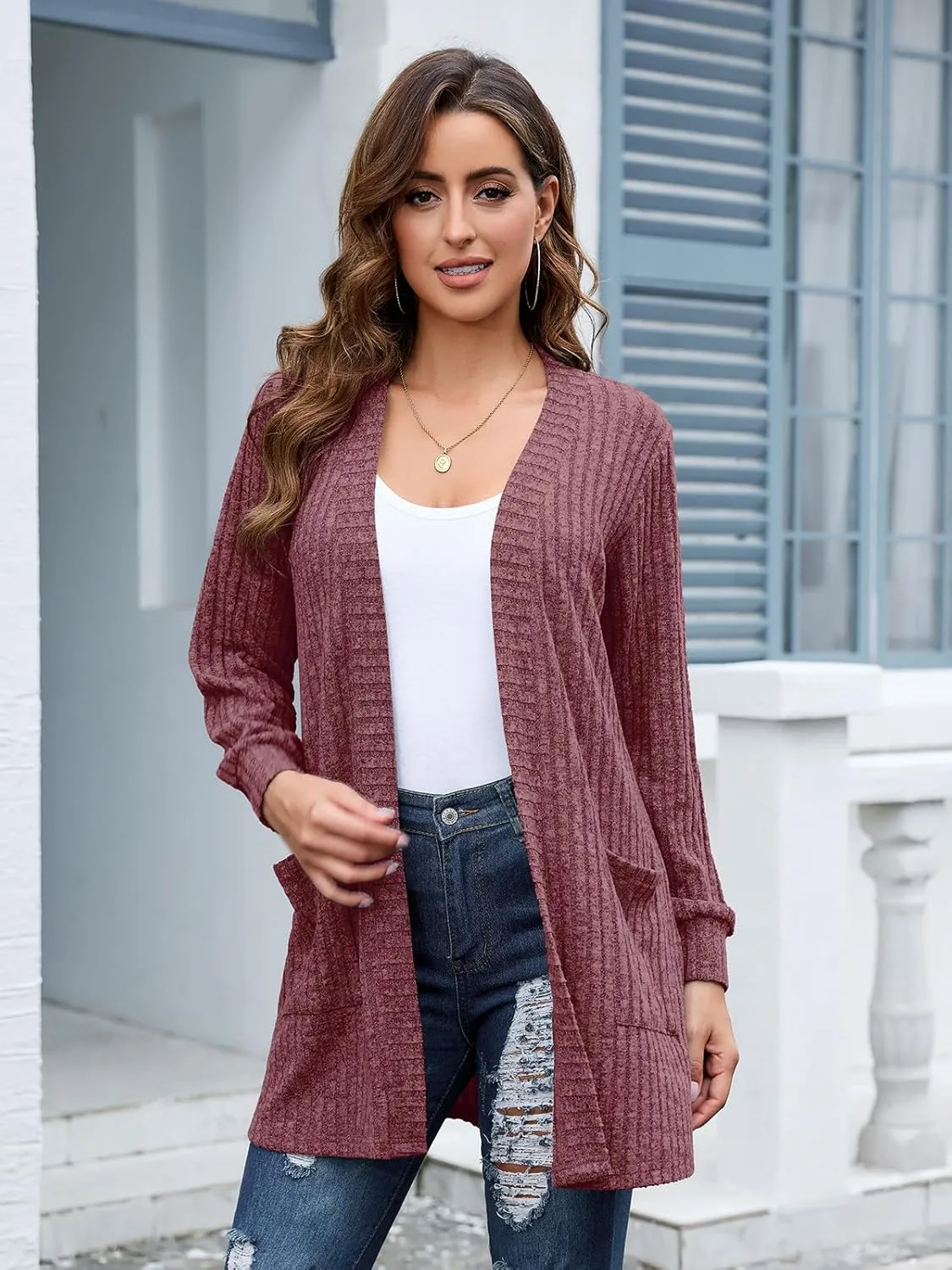 BELAROI Womens Open Front Cardigan Sweaters Casual Lightweight Outerwear Soft Plus Size Long Sleeve Tops with Pockets
