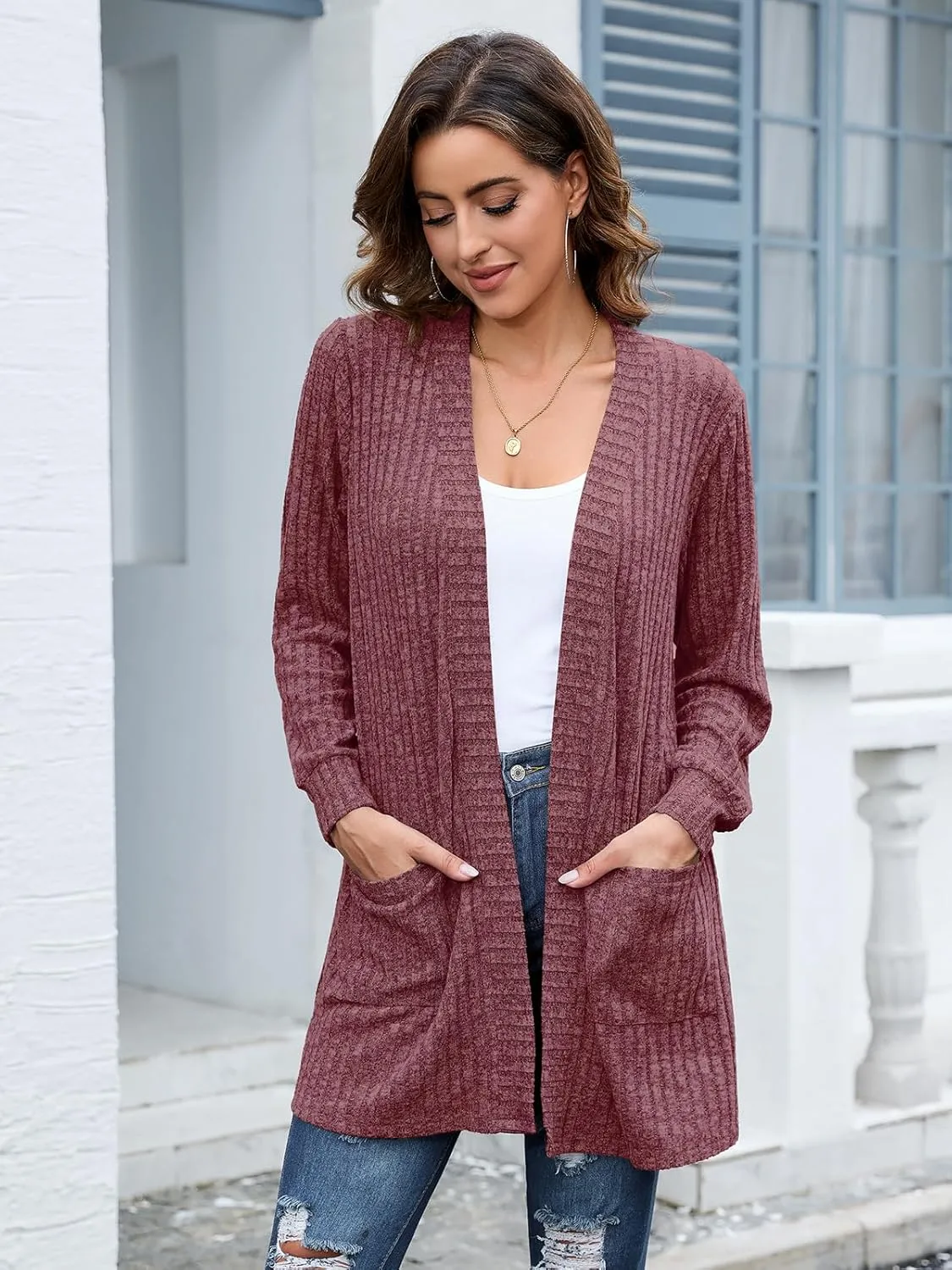 BELAROI Womens Open Front Cardigan Sweaters Casual Lightweight Outerwear Soft Plus Size Long Sleeve Tops with Pockets