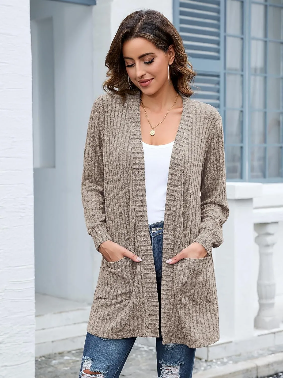 BELAROI Womens Open Front Cardigan Sweaters Casual Lightweight Outerwear Soft Plus Size Long Sleeve Tops with Pockets
