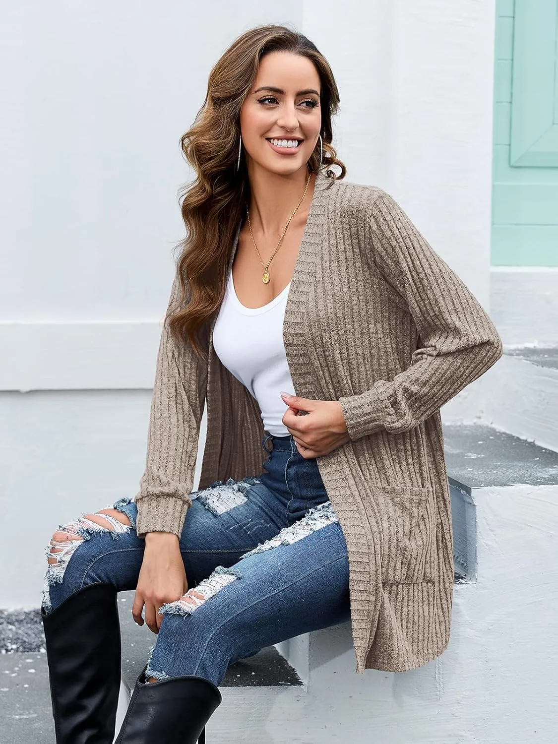 BELAROI Womens Open Front Cardigan Sweaters Casual Lightweight Outerwear Soft Plus Size Long Sleeve Tops with Pockets