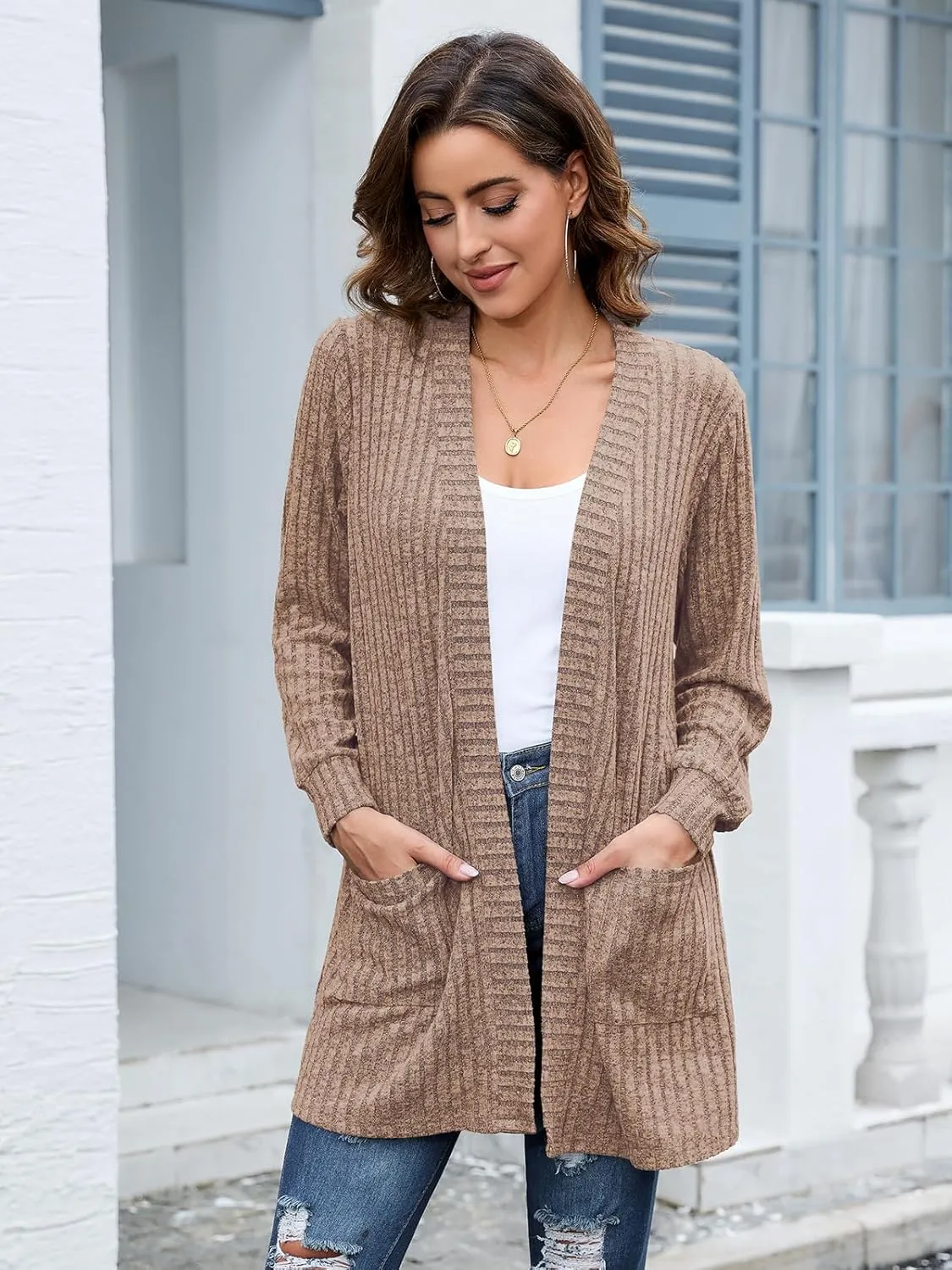 BELAROI Womens Open Front Cardigan Sweaters Casual Lightweight Outerwear Soft Plus Size Long Sleeve Tops with Pockets