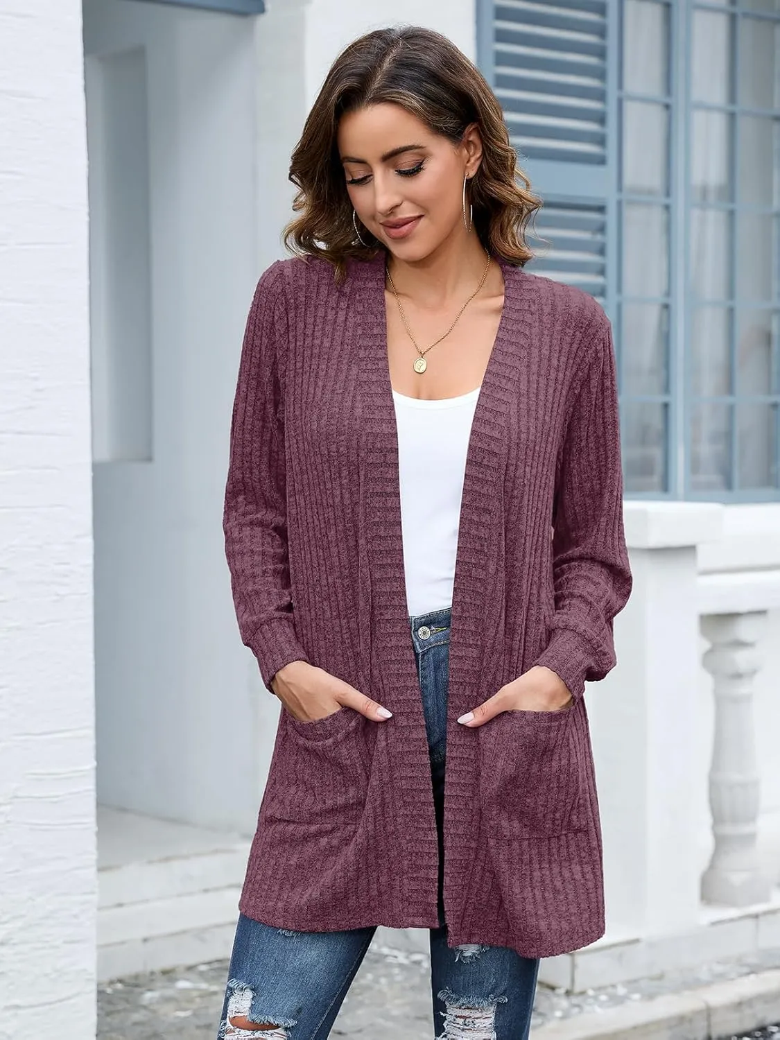 BELAROI Womens Open Front Cardigan Sweaters Casual Lightweight Outerwear Soft Plus Size Long Sleeve Tops with Pockets
