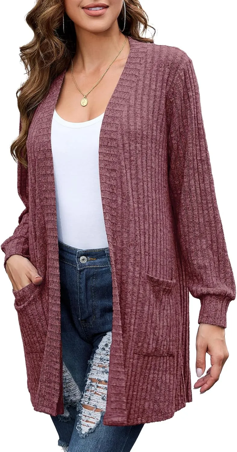 BELAROI Womens Open Front Cardigan Sweaters Casual Lightweight Outerwear Soft Plus Size Long Sleeve Tops with Pockets