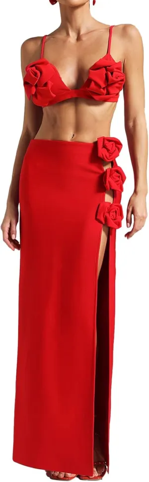 BELLA BARNETT Glamorous Flowy Skirt 3D Flower Slit Red Skirt Trendy Sexy Skirt Maxi Y2k Skirt