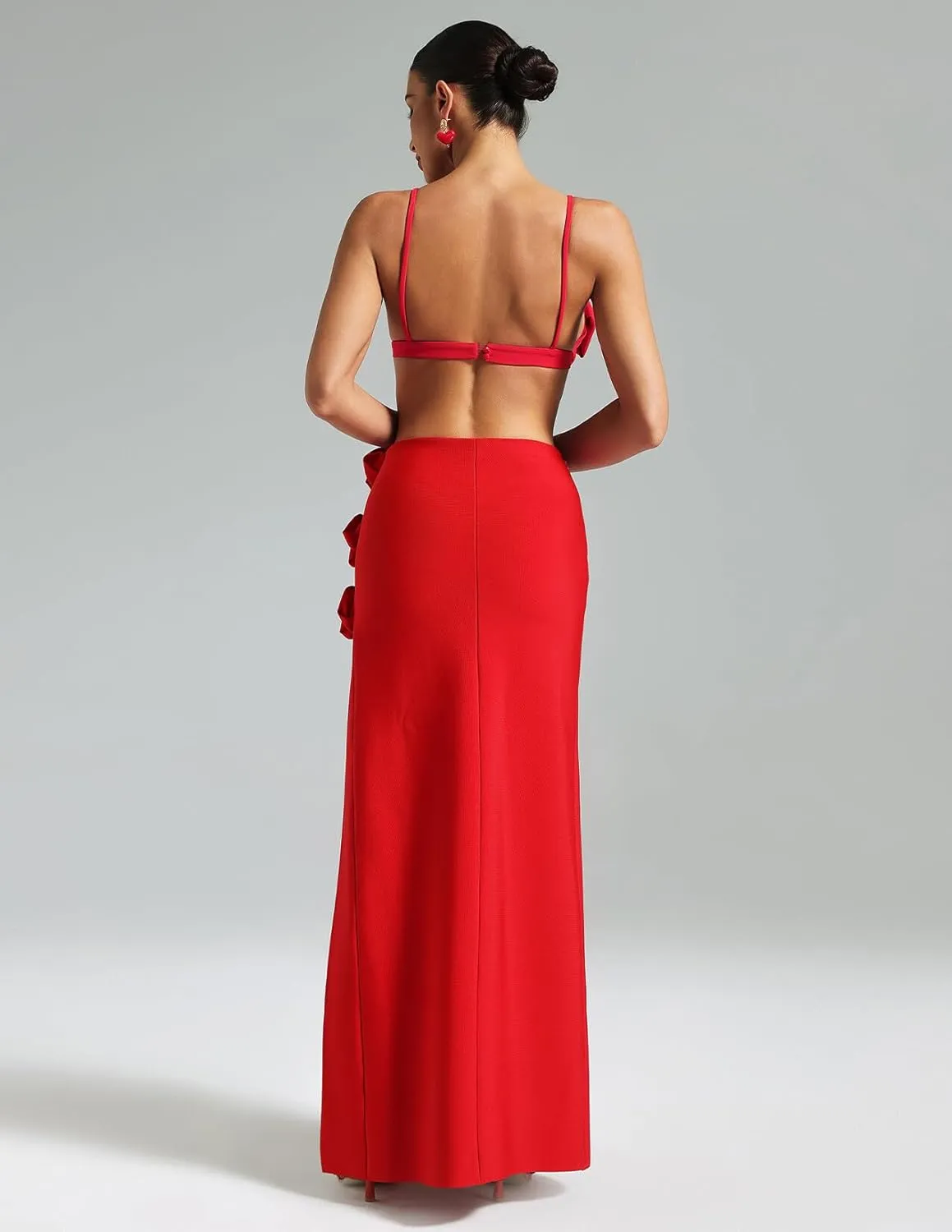 BELLA BARNETT Glamorous Flowy Skirt 3D Flower Slit Red Skirt Trendy Sexy Skirt Maxi Y2k Skirt