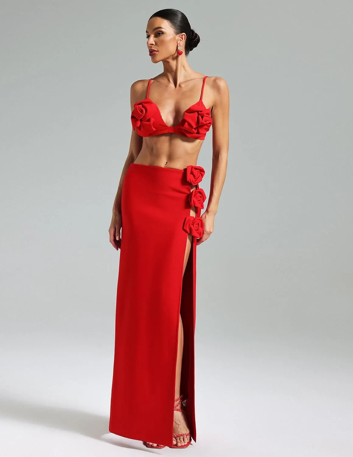 BELLA BARNETT Glamorous Flowy Skirt 3D Flower Slit Red Skirt Trendy Sexy Skirt Maxi Y2k Skirt