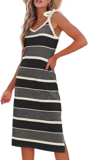 BLENCOT Womens Summer Dresses Sleeveless Casual Bow Tie Strap Long Spring Cute Knit Beach Striped Split Maxi Sundress