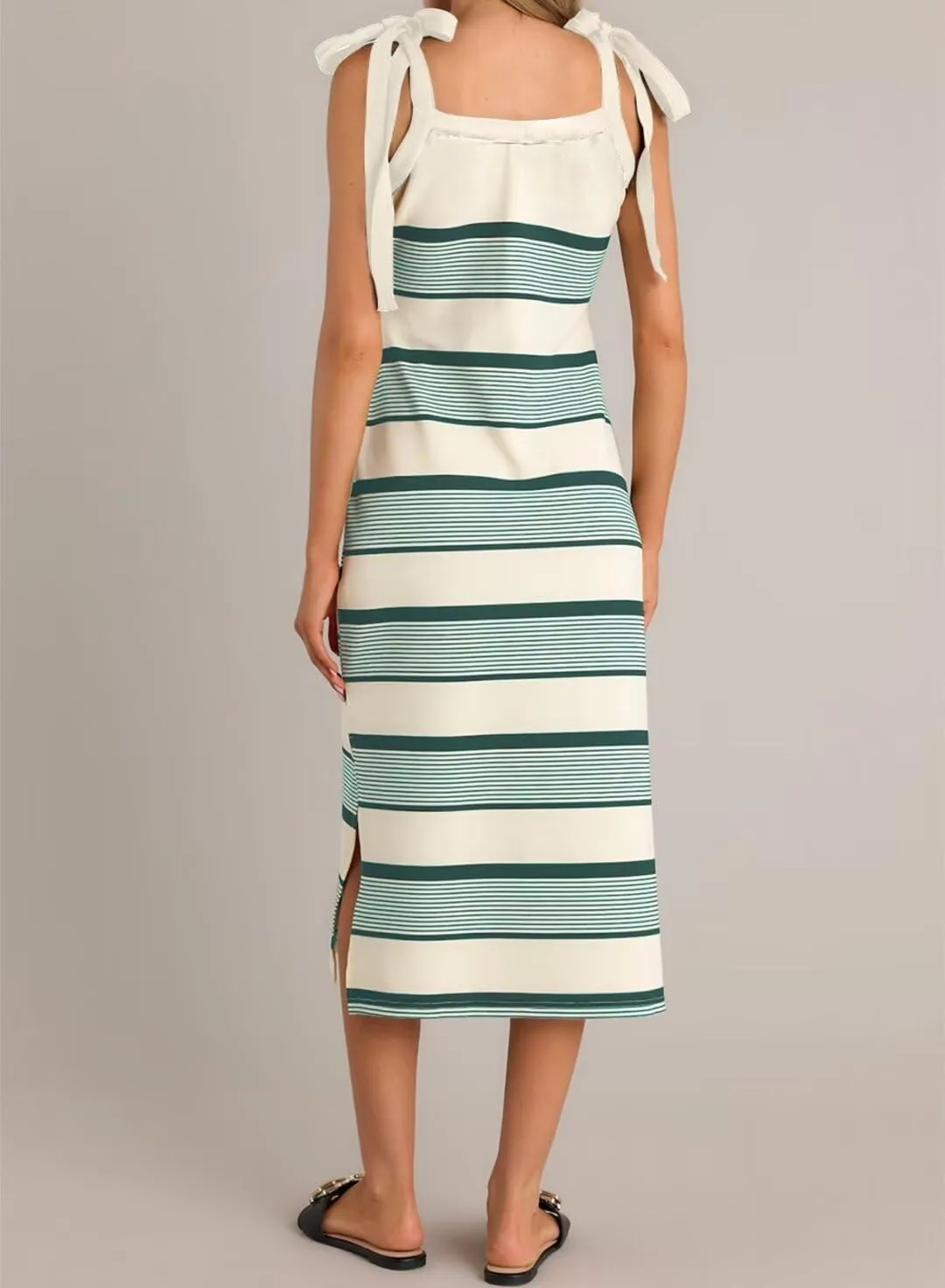 BLENCOT Womens Summer Dresses Sleeveless Casual Bow Tie Strap Long Spring Cute Knit Beach Striped Split Maxi Sundress