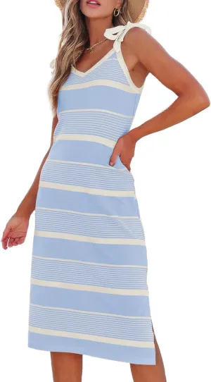 BLENCOT Womens Summer Dresses Sleeveless Casual Bow Tie Strap Long Spring Cute Knit Beach Striped Split Maxi Sundress