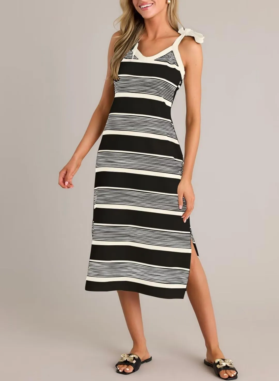 BLENCOT Womens Summer Dresses Sleeveless Casual Bow Tie Strap Long Spring Cute Knit Beach Striped Split Maxi Sundress
