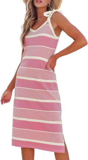 BLENCOT Womens Summer Dresses Sleeveless Casual Bow Tie Strap Long Spring Cute Knit Beach Striped Split Maxi Sundress