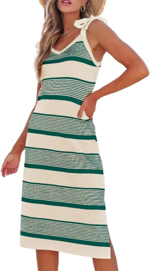 BLENCOT Womens Summer Dresses Sleeveless Casual Bow Tie Strap Long Spring Cute Knit Beach Striped Split Maxi Sundress