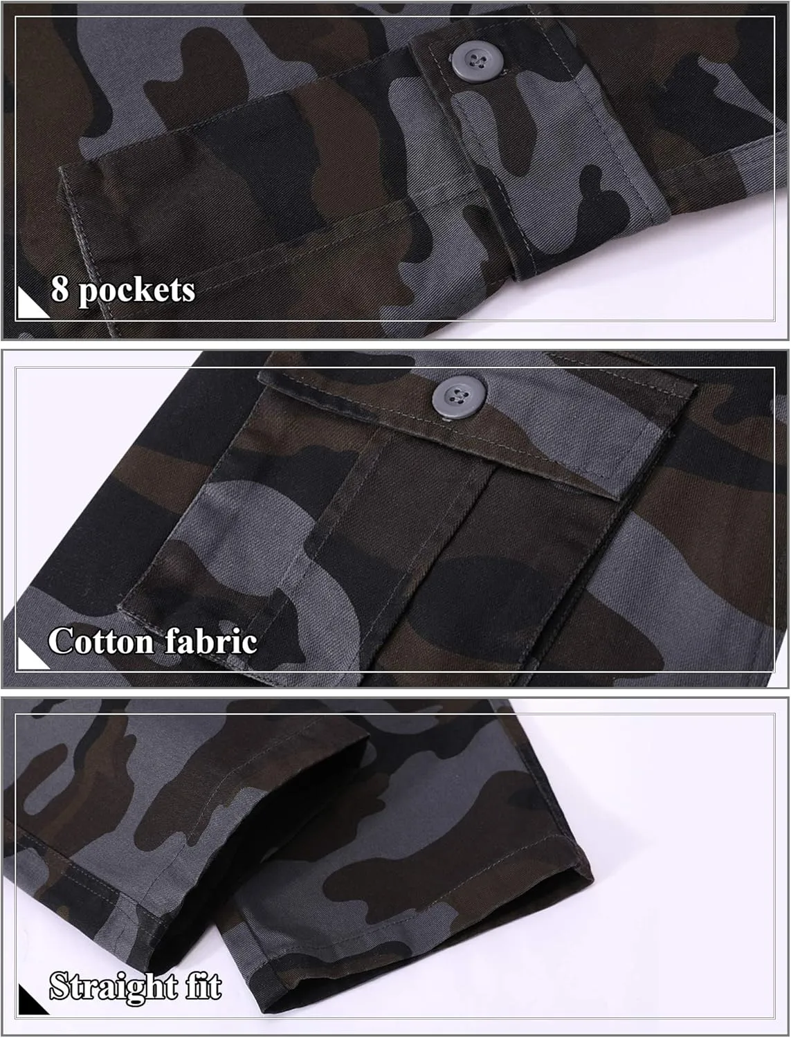 BOJIN Men's Cargo Pants Casual Military Army Camo Relaxed Fit Cotton Combat Camouflage Cargo Work Pants with 8 Pockets