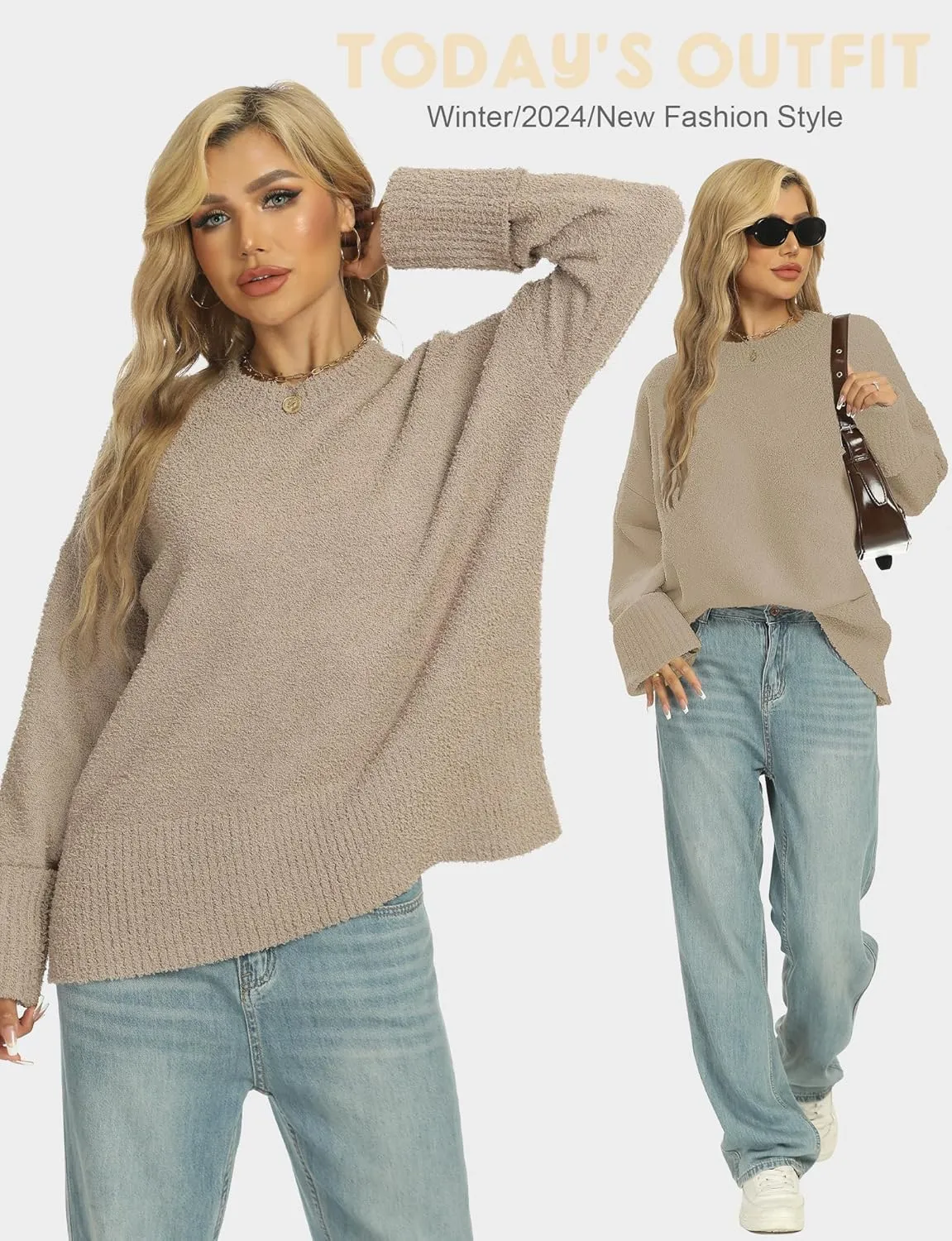 Buauty Womens Oversized Long Sleeve Crewneck Fall Sweaters Chunky Fuzzy Knit Pullover Clothes 2025 Trendy Outfits