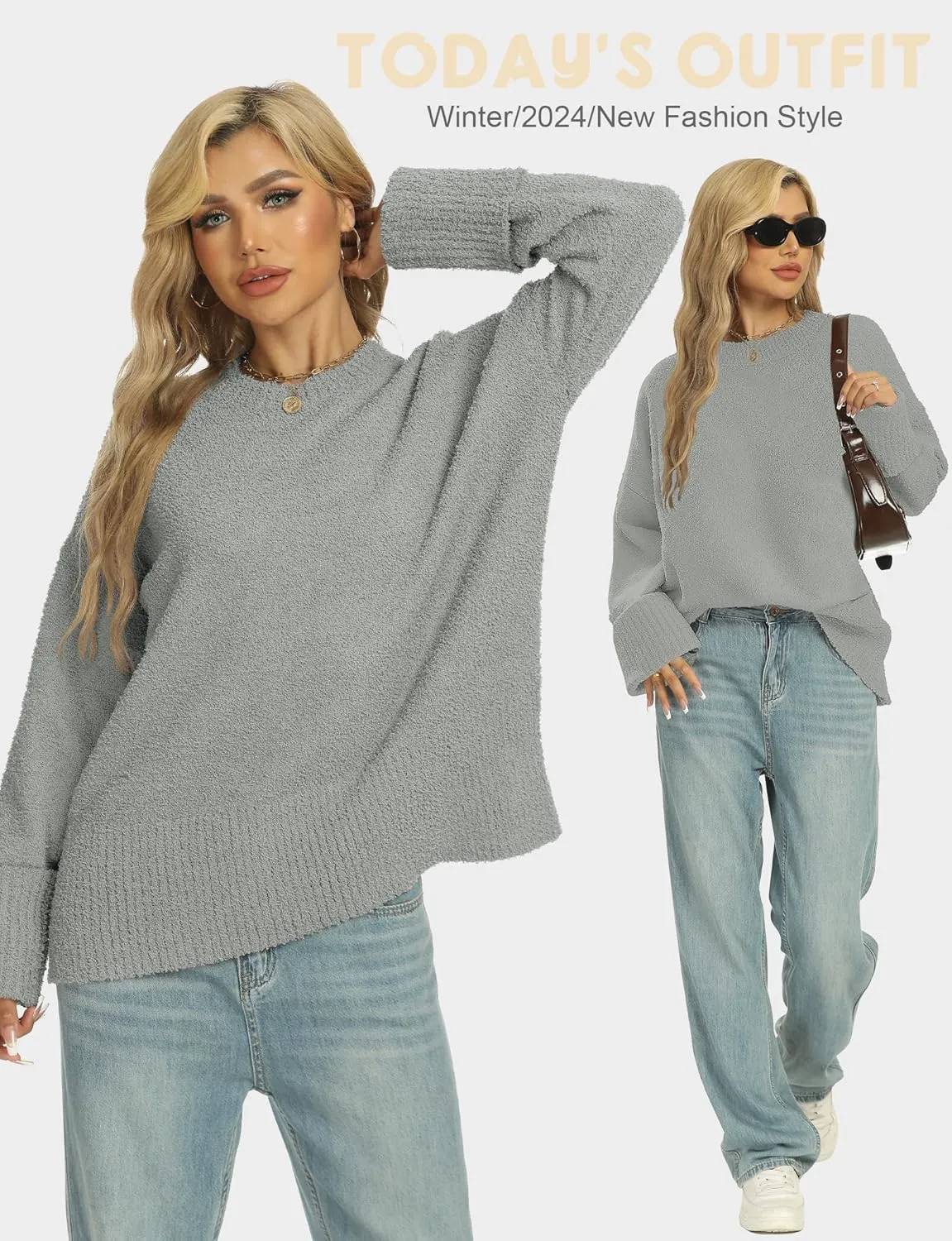 Buauty Womens Oversized Long Sleeve Crewneck Fall Sweaters Chunky Fuzzy Knit Pullover Clothes 2025 Trendy Outfits