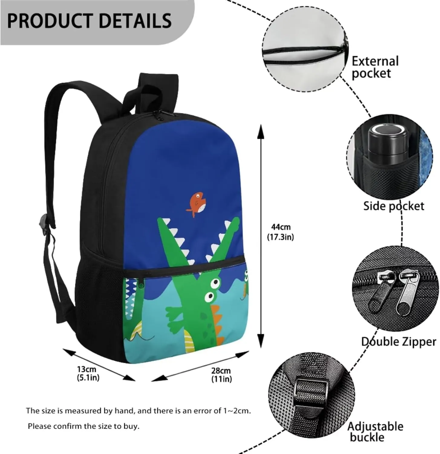 Cartoon Crocodile17 Inch Backpack Girl School Laptop Bag Bookbag for Women Teens Students Office Picnic Travel Comfortable Unfading Large Capacity Adjustable