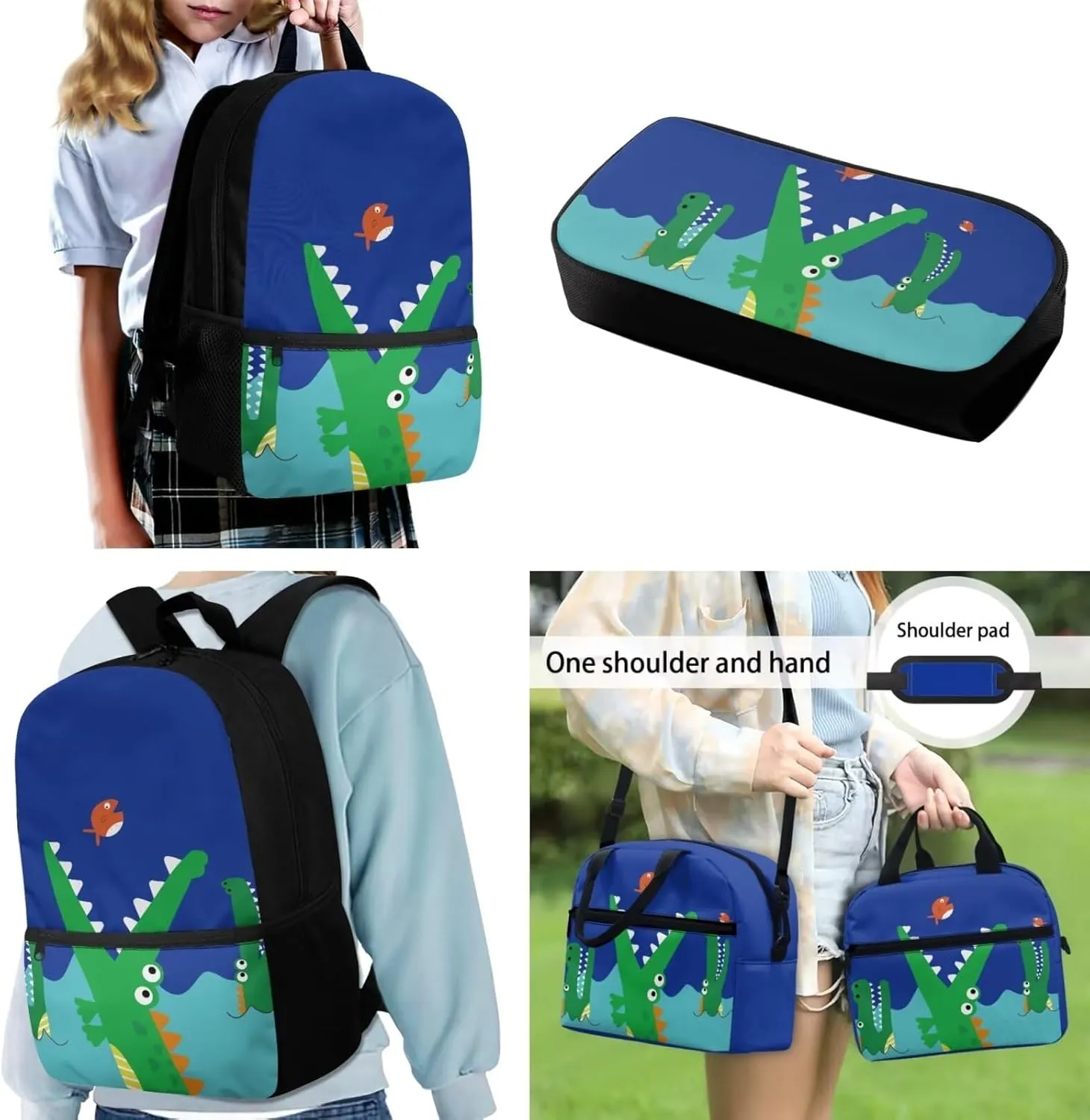 Cartoon Crocodile17 Inch Backpack Girl School Laptop Bag Bookbag for Women Teens Students Office Picnic Travel Comfortable Unfading Large Capacity Adjustable