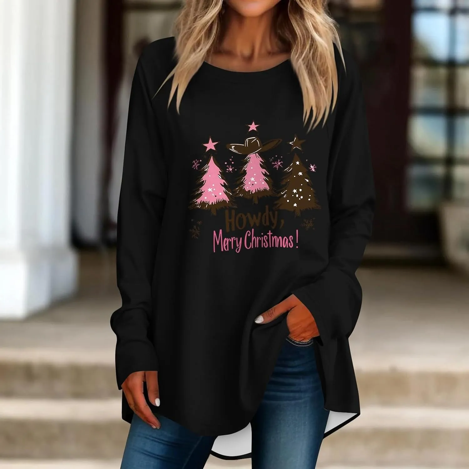 Christmas Sweatshirt for Women 2024 Funny Plus Size Print Sweatshirts Crewneck Long Sleeve Xmas Holiday Vacation Tops