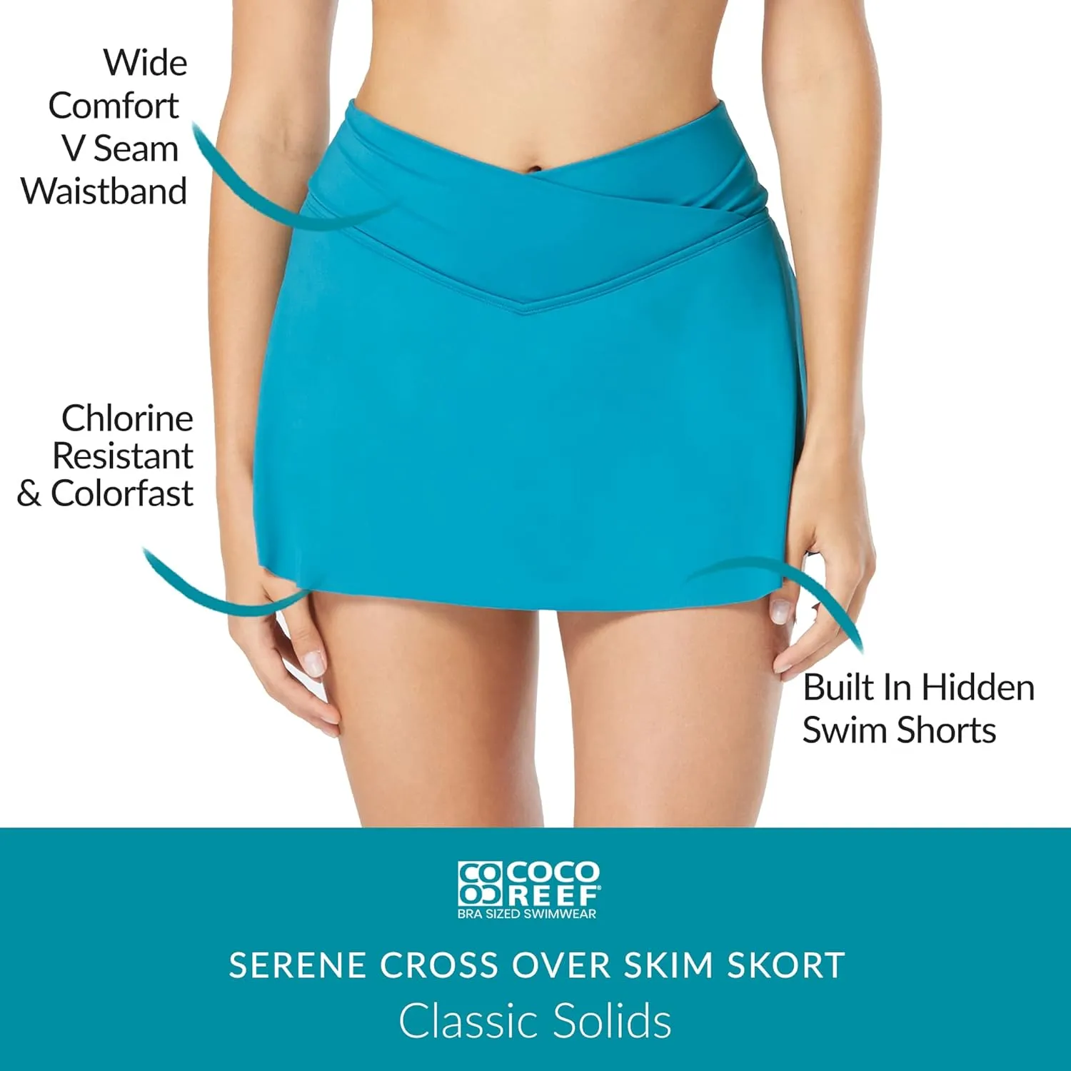 COCO REEF Serene Cross Over Swim Skort Wide V Seam Waistband Skirt with Shorts