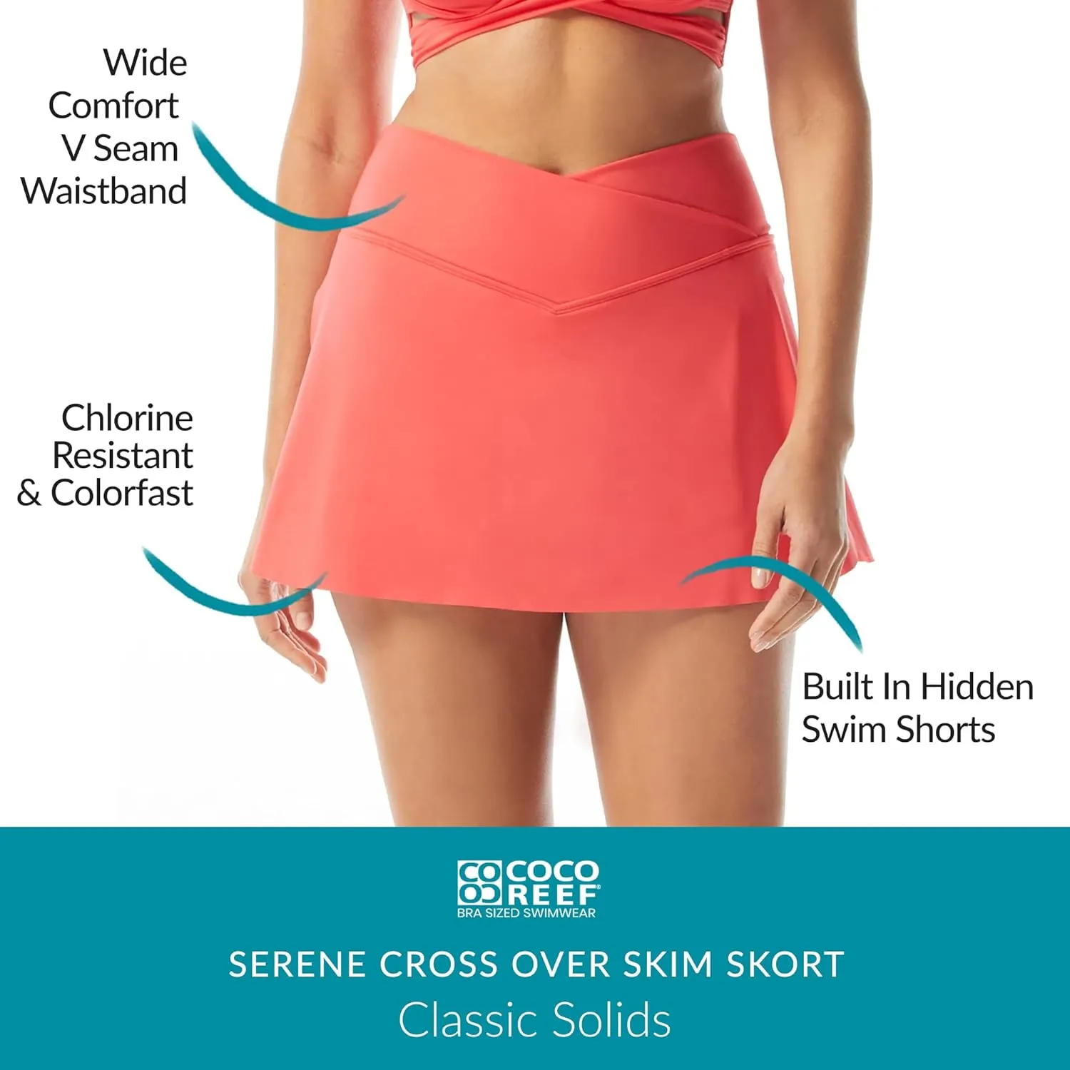 COCO REEF Serene Cross Over Swim Skort Wide V Seam Waistband Skirt with Shorts