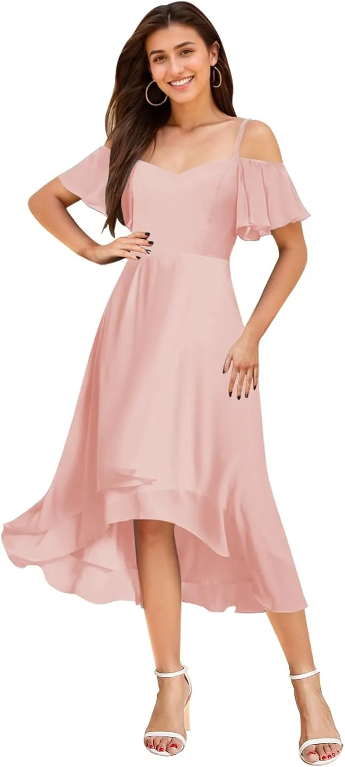 Cold Shoulder Bridesmaid Dresses for Women Chiffon High Low Formal Wedding Guest Dress Evening Gowns