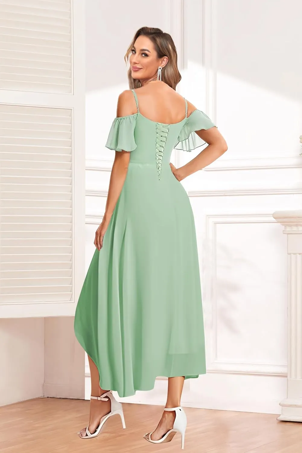 Cold Shoulder Bridesmaid Dresses for Women Chiffon High Low Formal Wedding Guest Dress Evening Gowns