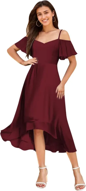 Cold Shoulder Bridesmaid Dresses for Women Chiffon High Low Formal Wedding Guest Dress Evening Gowns