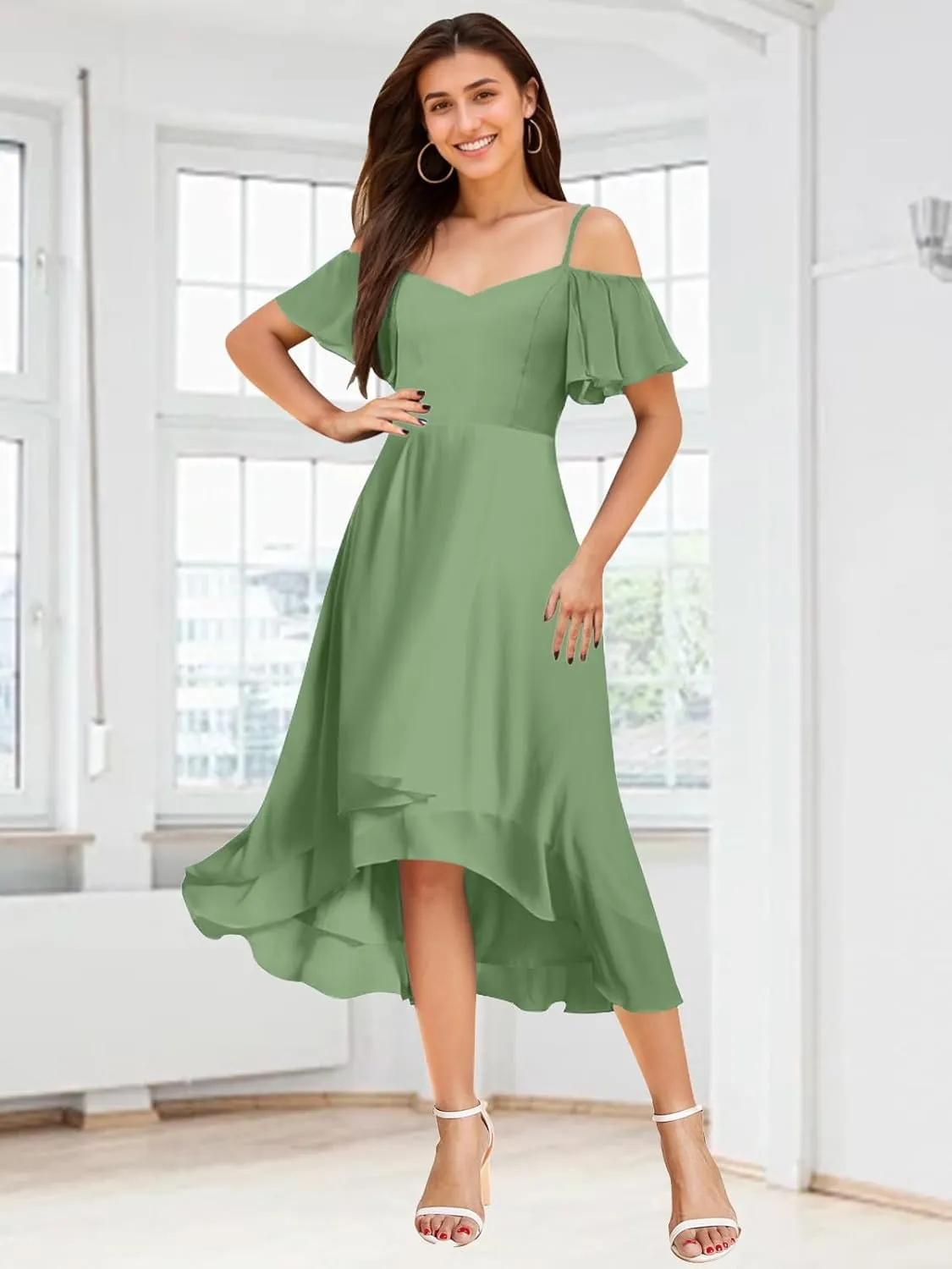 Cold Shoulder Bridesmaid Dresses for Women Chiffon High Low Formal Wedding Guest Dress Evening Gowns