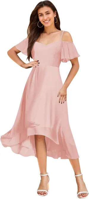 Cold Shoulder Bridesmaid Dresses for Women Chiffon High Low Formal Wedding Guest Dress Evening Gowns