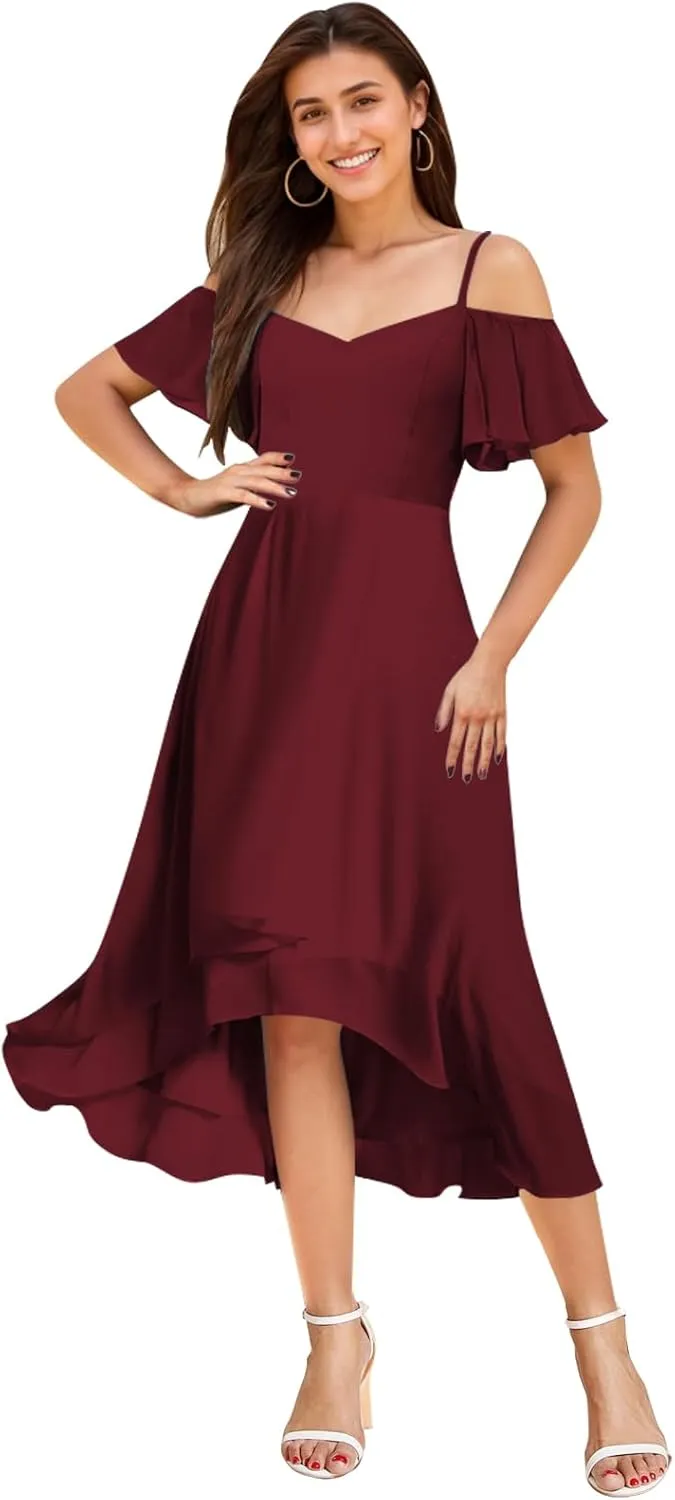 Cold Shoulder Bridesmaid Dresses for Women Chiffon High Low Formal Wedding Guest Dress Evening Gowns