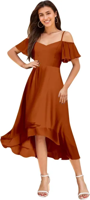 Cold Shoulder Bridesmaid Dresses for Women Chiffon High Low Formal Wedding Guest Dress Evening Gowns