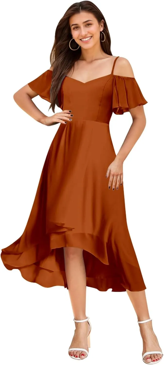 Cold Shoulder Bridesmaid Dresses for Women Chiffon High Low Formal Wedding Guest Dress Evening Gowns