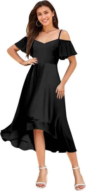 Cold Shoulder Bridesmaid Dresses for Women Chiffon High Low Formal Wedding Guest Dress Evening Gowns