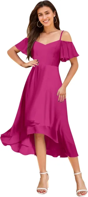 Cold Shoulder Bridesmaid Dresses for Women Chiffon High Low Formal Wedding Guest Dress Evening Gowns