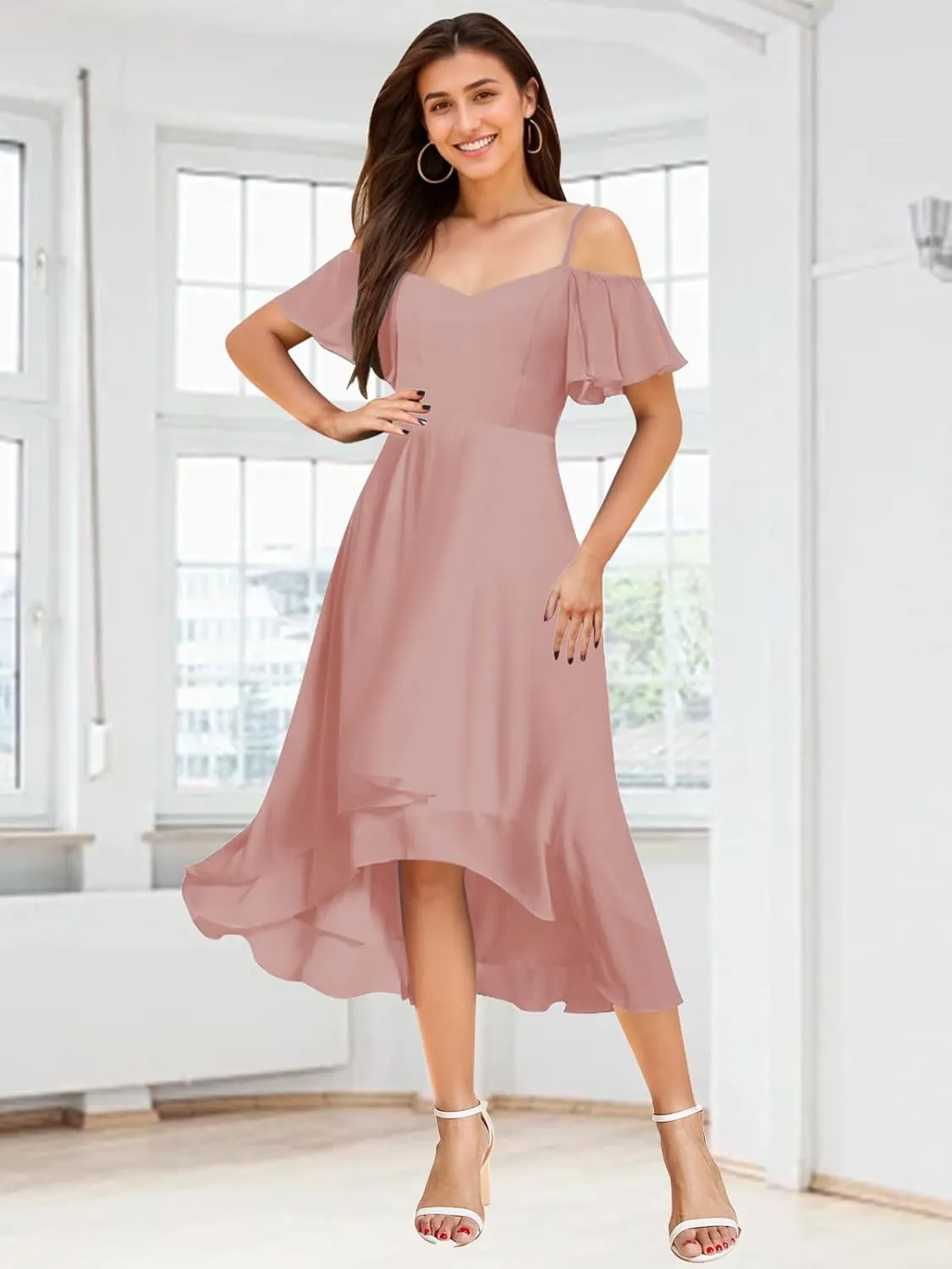 Cold Shoulder Bridesmaid Dresses for Women Chiffon High Low Formal Wedding Guest Dress Evening Gowns