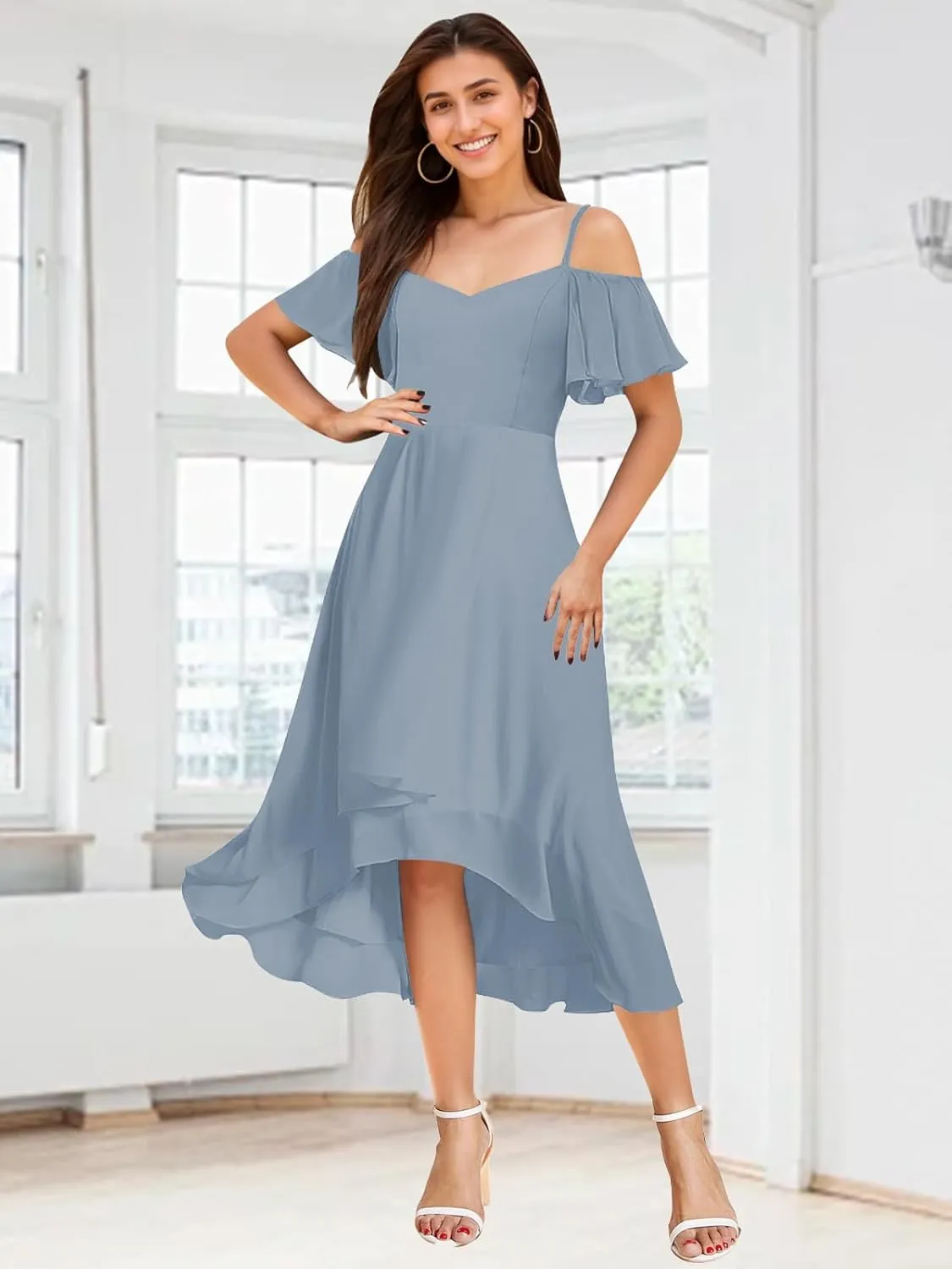 Cold Shoulder Bridesmaid Dresses for Women Chiffon High Low Formal Wedding Guest Dress Evening Gowns