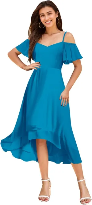 Cold Shoulder Bridesmaid Dresses for Women Chiffon High Low Formal Wedding Guest Dress Evening Gowns