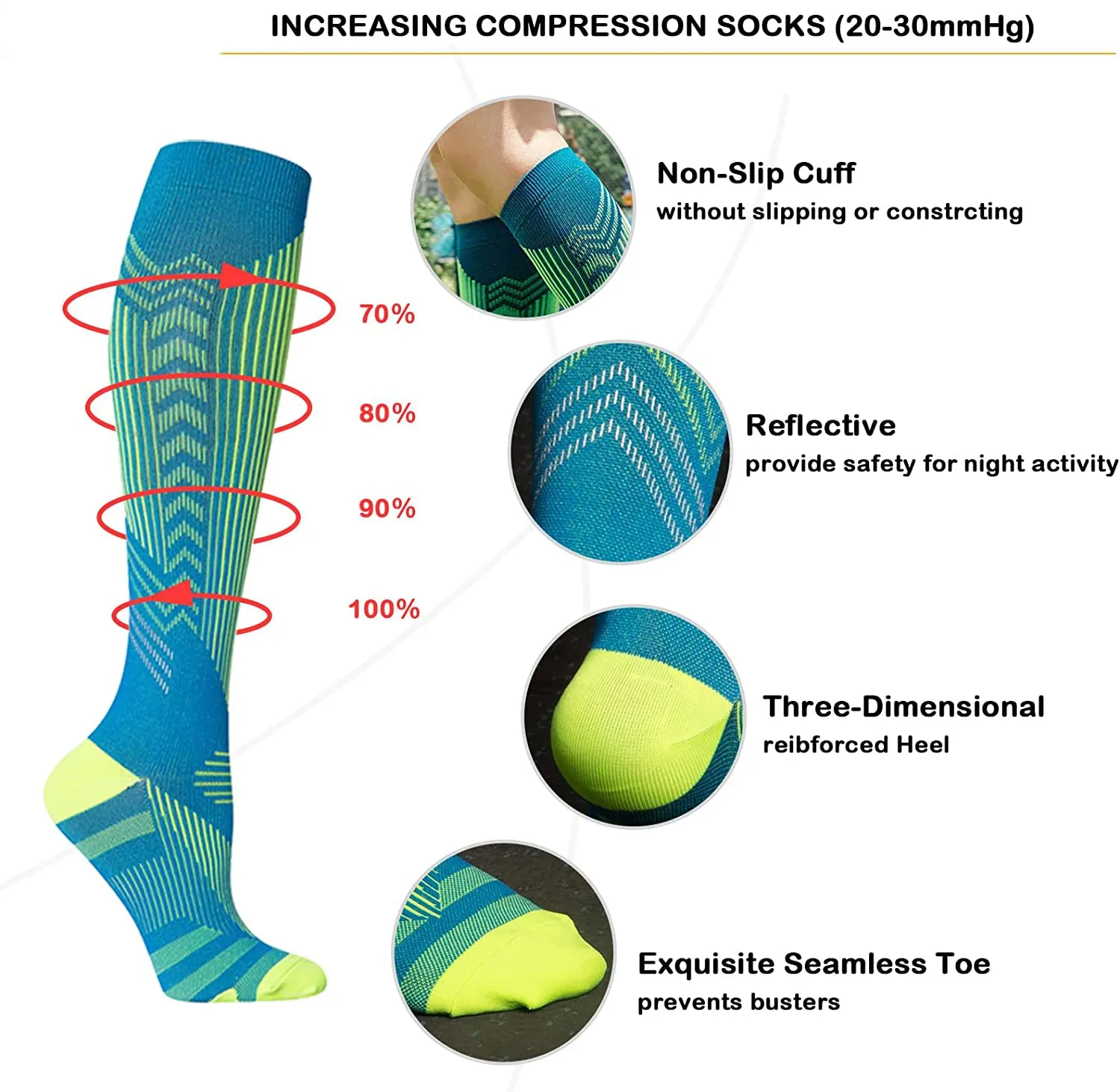 Compression Socks Reflective Circulation 20-30 mmHg Knee High Graduated Medical Compression Socks