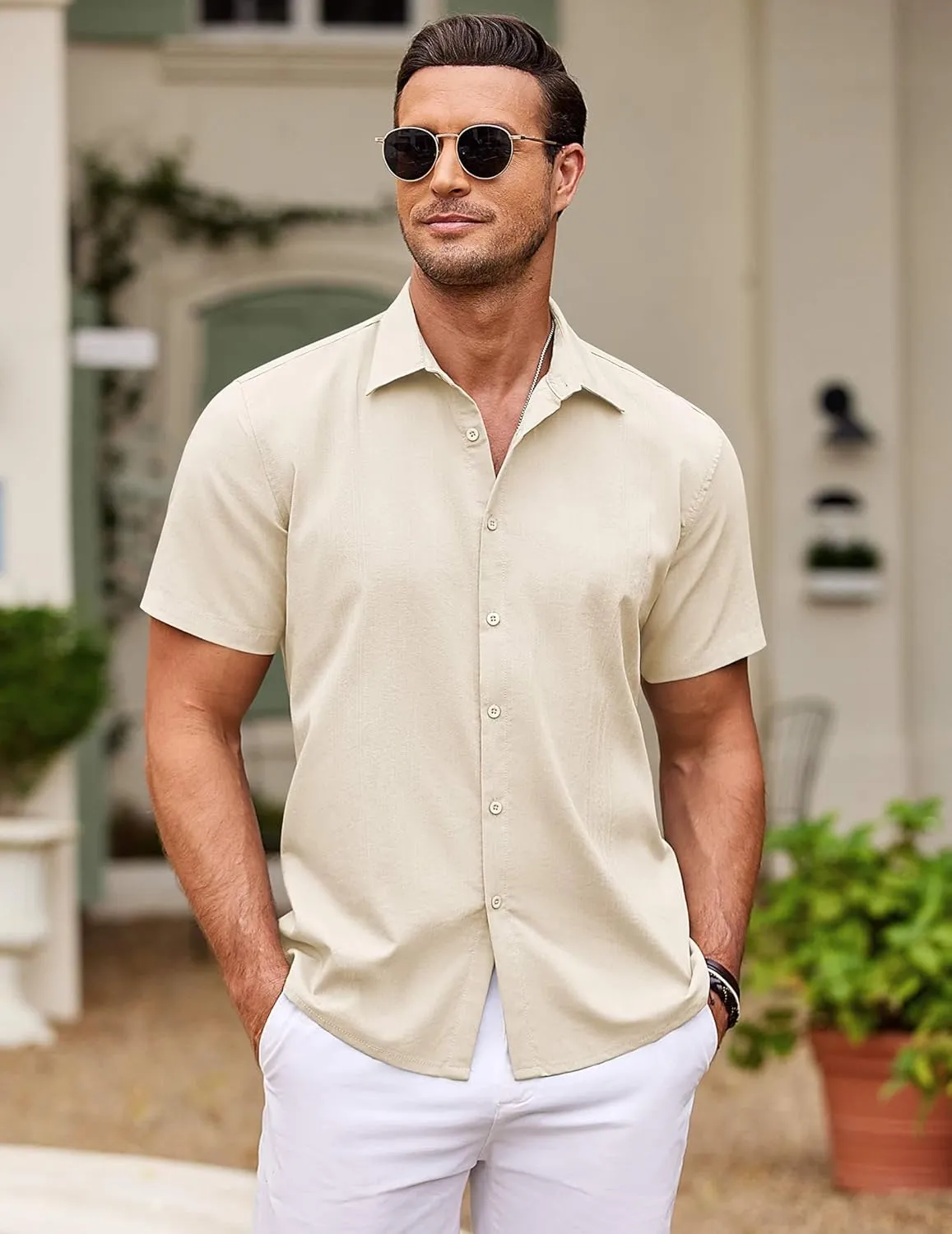 COOFANDY Men's Cuban Guayabera Shirt Short Sleeve Button Down Shirts Casual Summer Beach Shirts