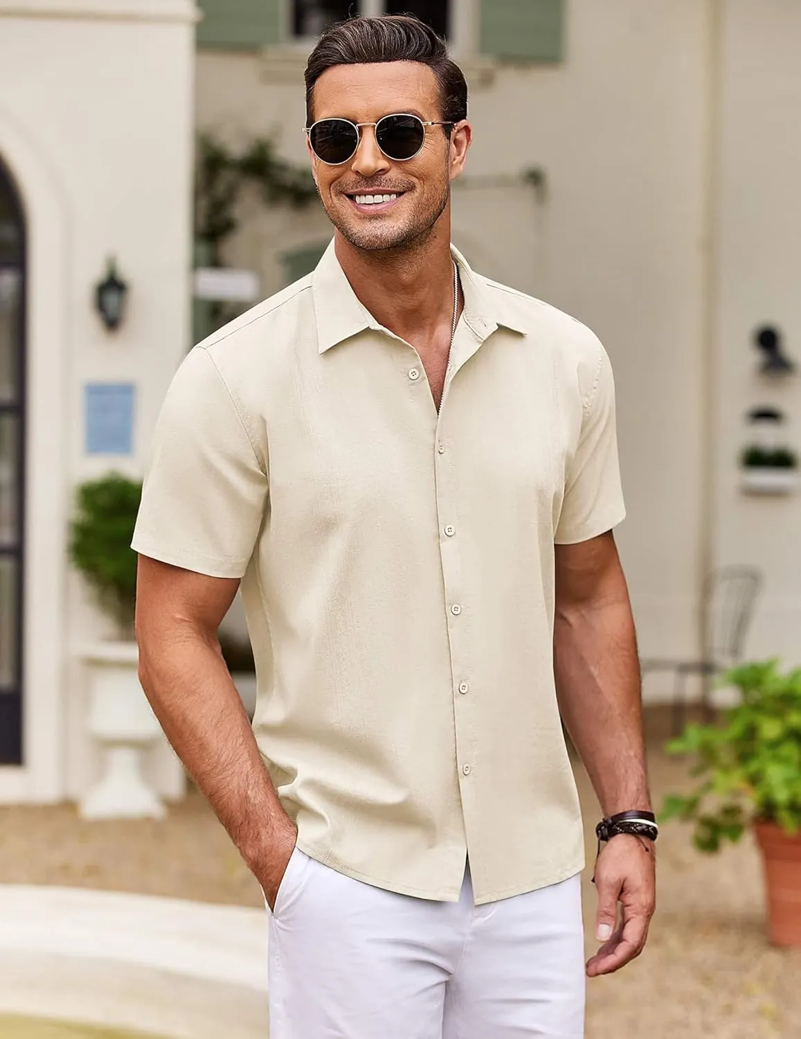 COOFANDY Men's Cuban Guayabera Shirt Short Sleeve Button Down Shirts Casual Summer Beach Shirts