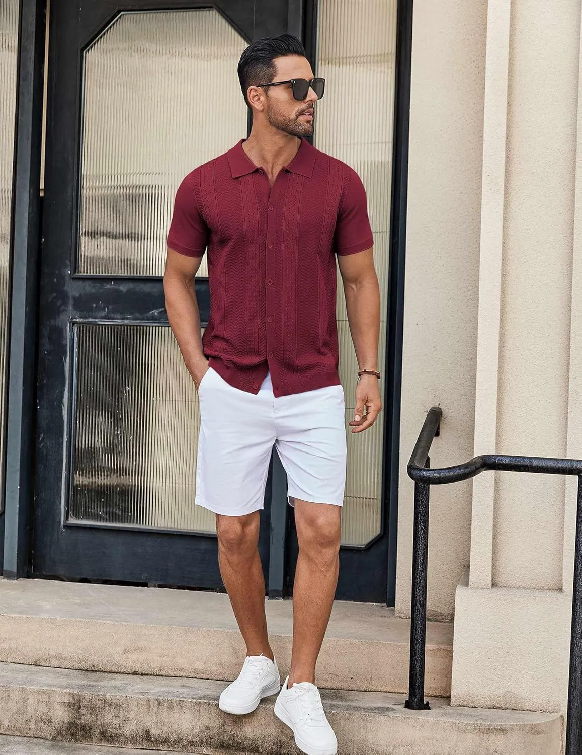 COOFANDY Mens Knit Button Down Shirt Short Sleeve Summer Casual Shirts Vintage Beach Vacation Shirts