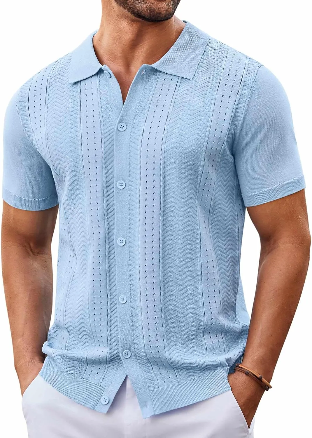 COOFANDY Mens Knit Button Down Shirt Short Sleeve Summer Casual Shirts Vintage Beach Vacation Shirts