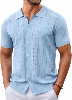 COOFANDY Mens Knit Button Down Shirt Short Sleeve Summer Casual Shirts Vintage Beach Vacation Shirts