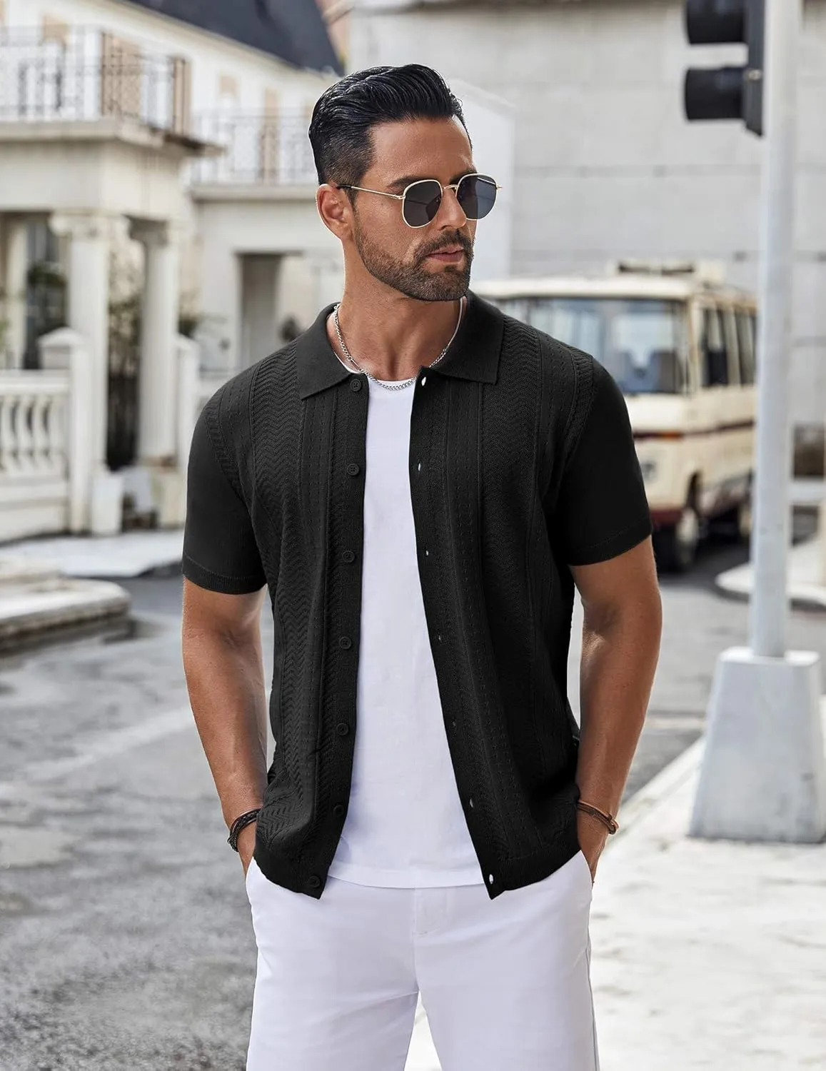 COOFANDY Mens Knit Button Down Shirt Short Sleeve Summer Casual Shirts Vintage Beach Vacation Shirts
