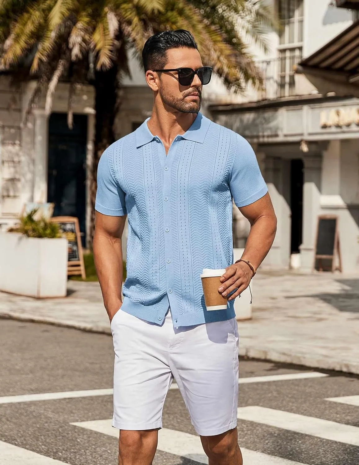 COOFANDY Mens Knit Button Down Shirt Short Sleeve Summer Casual Shirts Vintage Beach Vacation Shirts